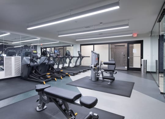 a gym with cardio equipment and weights