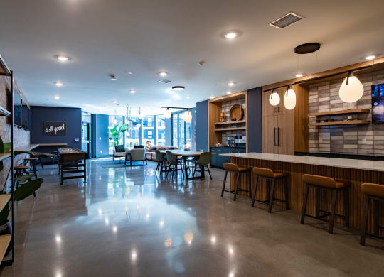 a restaurant with blue walls and a white counter top