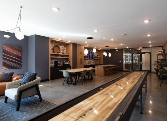 a bowling alley in the lobby of a building