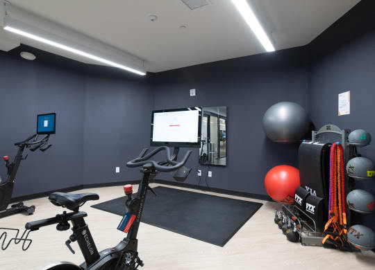 a fitness room with exercise equipment and a large screen