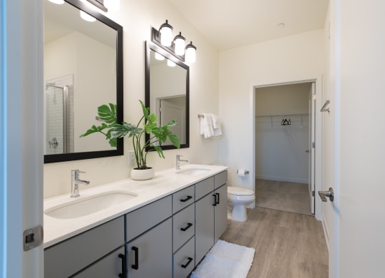 a bathroom with two sinks and a toilet